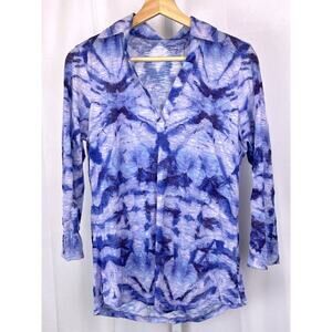 DAVID CLINE Tie Dye Johnny Collar Wave Top 3/4 Sleeve Pullover Purple Blue M